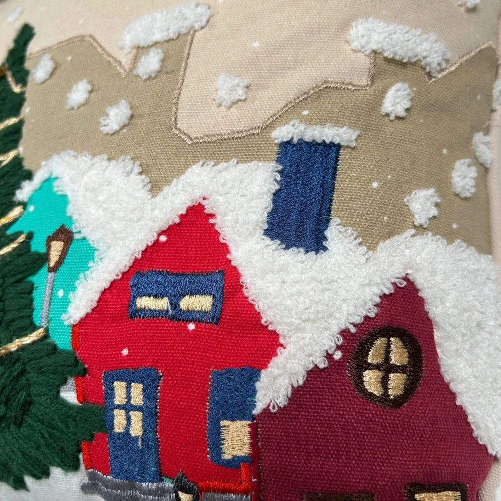 Christmas Decorative Pillow Holiday House Tree Embellished 3D Texture